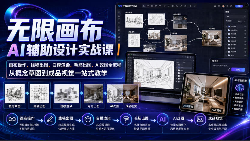 无限画布AI辅助设计实战课|画布操作、线稿出图、白模渲染、毛坯出图、AI改图全流程,从概念草图到成品视觉一站式教学亿创资源网_优质资源分享平台_一站式资源获取亿创资源网 | 优质资源分享平台_一站式资源获取