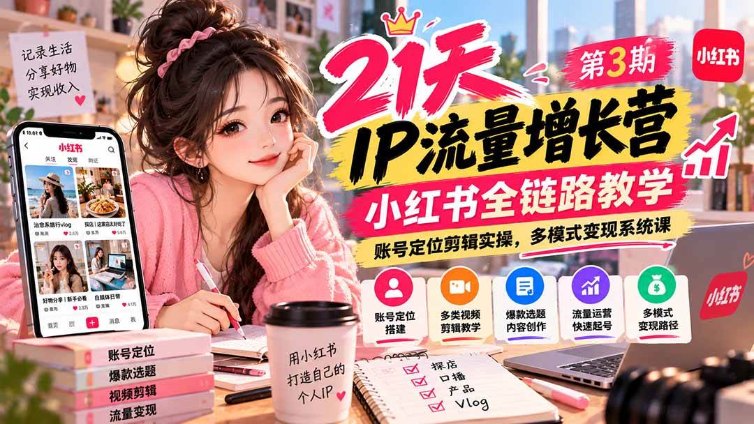 （20992期）【无水印】21天IP流量增长营-第3期，小红书全链路教学，账号定位剪辑实操，多模式变现系统课亿创资源网_优质资源分享平台_一站式资源获取亿创资源网 | 优质资源分享平台_一站式资源获取