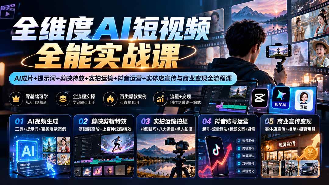 （20768期）【无水印】全维度AI短视频全能实战课：AI成片+提示词+剪映特效+实拍运镜+抖音运营+实体店宣传与商业变现全流程课亿创资源网_优质资源分享平台_一站式资源获取亿创资源网 | 优质资源分享平台_一站式资源获取