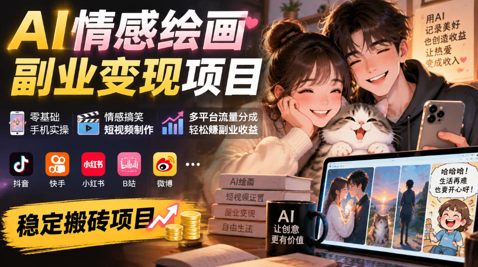 AI情感绘画副业变现项目｜零基础手机实操，情感搞笑短视频制作，多平台流量分成轻松賺副业收益亿创资源网_优质资源分享平台_一站式资源获取亿创资源网 | 优质资源分享平台_一站式资源获取