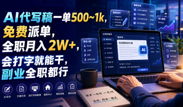 AI代写稿一单500~1k，免费派单，全职月入2W+，会打字就能干，副业全职都行【揭秘】亿创资源网_优质资源分享平台_一站式资源获取亿创资源网 | 优质资源分享平台_一站式资源获取