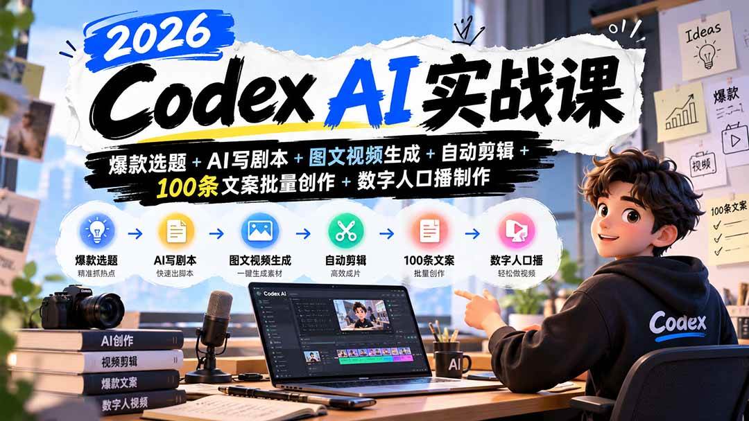 （20899期）2026Codex AI实战课：爆款选题+AI写剧本+图文视频生成+自动剪辑+100条文案批量创作+数字人口播制作亿创资源网_优质资源分享平台_一站式资源获取亿创资源网 | 优质资源分享平台_一站式资源获取
