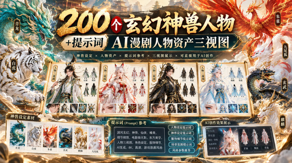 200个玄幻神兽人物+提示词ai漫剧人物资产三视图亿创资源网_优质资源分享平台_一站式资源获取亿创资源网 | 优质资源分享平台_一站式资源获取