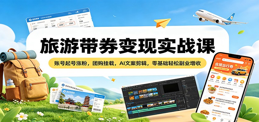 旅游带券变现实战课：账号起号涨粉，团购挂载，AI文案剪辑，零基础轻松副业增收亿创资源网_优质资源分享平台_一站式资源获取亿创资源网 | 优质资源分享平台_一站式资源获取
