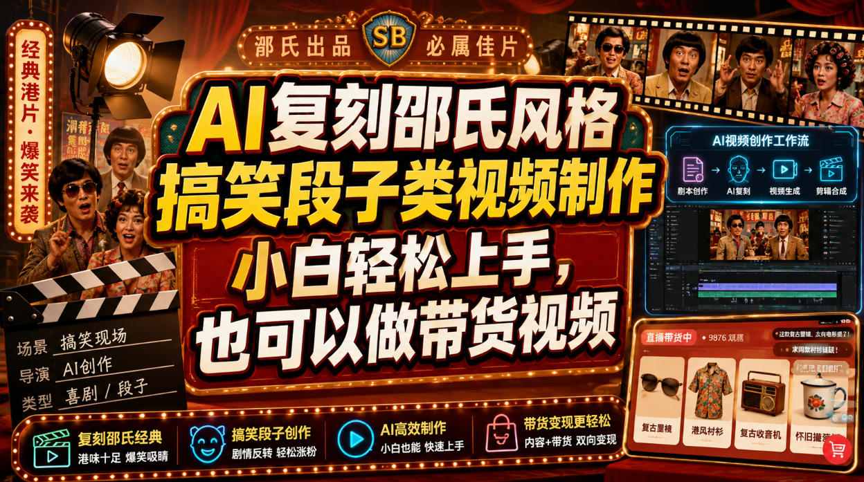 AI复刻邵氏风格搞笑段子类视频制作，小白轻松上手，也可以做带货视频亿创资源网_优质资源分享平台_一站式资源获取亿创资源网 | 优质资源分享平台_一站式资源获取