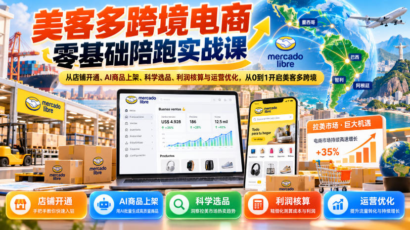美客多跨境电商零基础陪跑实战课：从店铺开通、AI商品上架、科学选品、利润核算与运营优化，从0到1开启美客多跨境亿创资源网_优质资源分享平台_一站式资源获取亿创资源网 | 优质资源分享平台_一站式资源获取