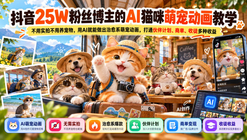 抖音25W粉丝博主的AI猫咪萌宠动画教学，不用实拍不用养宠物，用AI就能做出治愈系萌宠动画，打通伙伴计划、商单、收徒多种收益亿创资源网_优质资源分享平台_一站式资源获取亿创资源网 | 优质资源分享平台_一站式资源获取