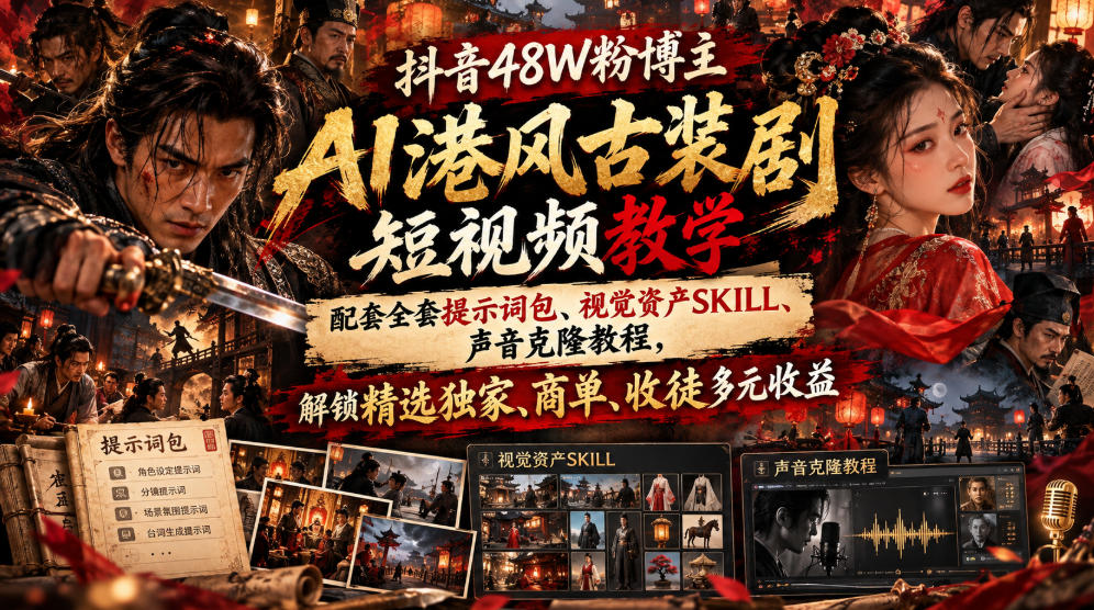 抖音48W粉博主AI港风古装剧短视频教学，配套全套提示词包、视觉资产SKILL、声音克隆教程，解锁精选独家、商单、收徒多元收益亿创资源网_优质资源分享平台_一站式资源获取亿创资源网 | 优质资源分享平台_一站式资源获取
