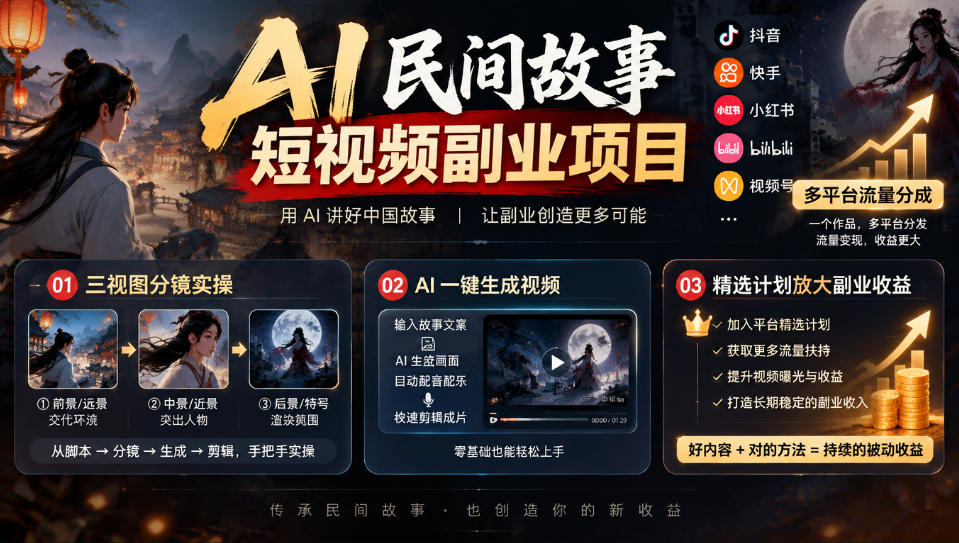 AI民间故事短视频副业项目，多平台流量分成，三视图分镜实操，精选计划放大副业收益亿创资源网_优质资源分享平台_一站式资源获取亿创资源网 | 优质资源分享平台_一站式资源获取