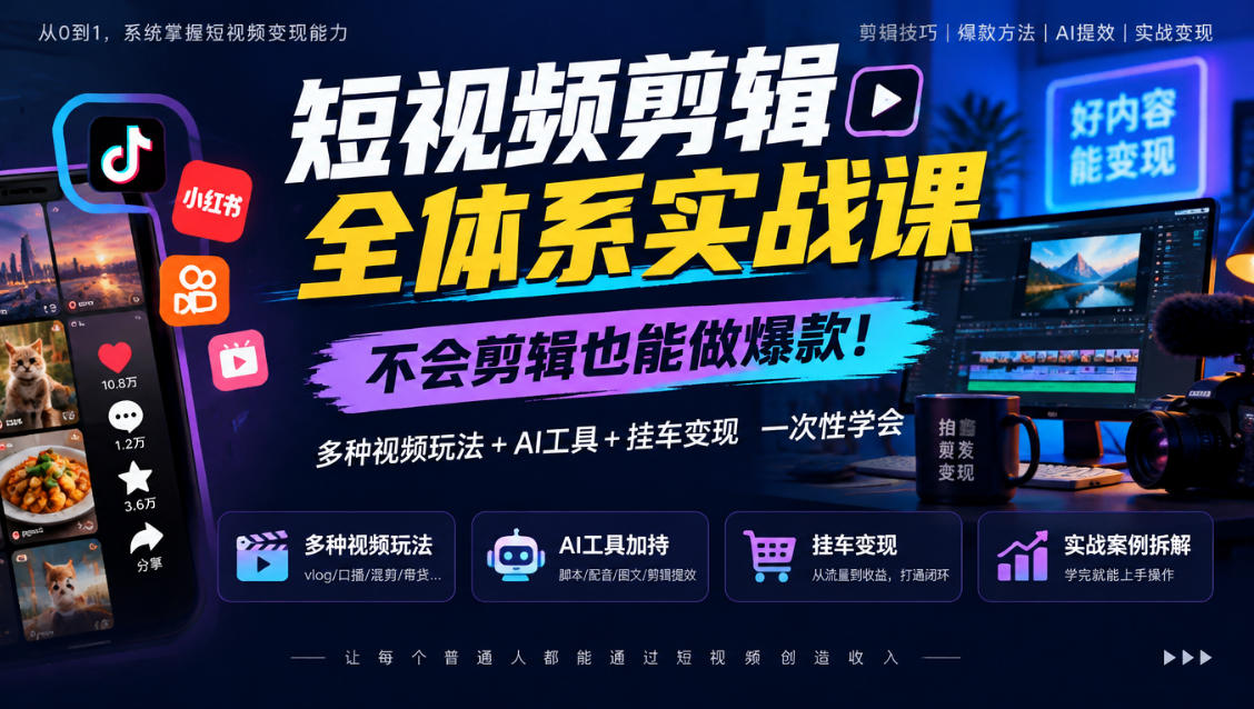 短视频剪辑全体系实战课，不会剪辑也能做爆款，多种视频玩法+AI工具+挂车变现一次性学亿创资源网_优质资源分享平台_一站式资源获取亿创资源网 | 优质资源分享平台_一站式资源获取