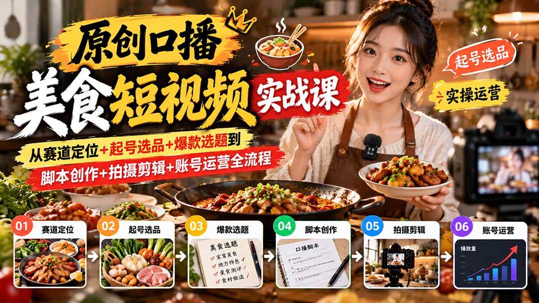 （20786期）原创口播美食短视频实战课：从赛道定位+起号选品+爆款选题到脚本创作+拍摄剪辑+账号运营全流程亿创资源网_优质资源分享平台_一站式资源获取亿创资源网 | 优质资源分享平台_一站式资源获取