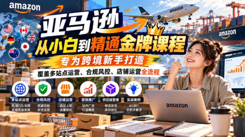 亚马逊从小白到精通金牌课程，专为跨境新手打造，覆盖多站点运营、合规风控、店铺运营全流程亿创资源网_优质资源分享平台_一站式资源获取亿创资源网 | 优质资源分享平台_一站式资源获取