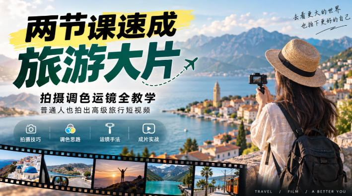 两节课速成旅游大片｜拍摄调色运镜全教学，普通人也拍出高级旅行短视频亿创资源网_优质资源分享平台_一站式资源获取亿创资源网 | 优质资源分享平台_一站式资源获取