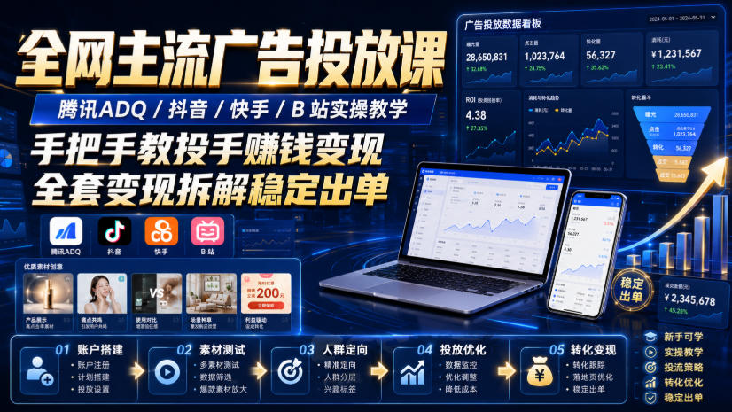 全网主流广告投放课，腾讯ADQ / 抖音 / 快手 / B 站实操教学，手把手教投手赚钱变现，全套变现拆解稳定出单亿创资源网_优质资源分享平台_一站式资源获取亿创资源网 | 优质资源分享平台_一站式资源获取