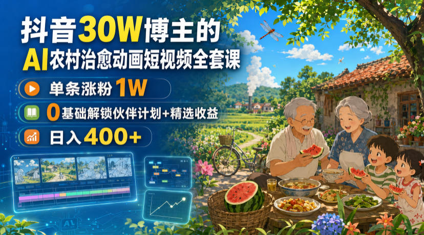 抖音30W博主的AI农村治愈动画短视频全套课｜单条涨粉1W，0基础解锁伙伴计划+精选收益，日入400+亿创资源网_优质资源分享平台_一站式资源获取亿创资源网 | 优质资源分享平台_一站式资源获取