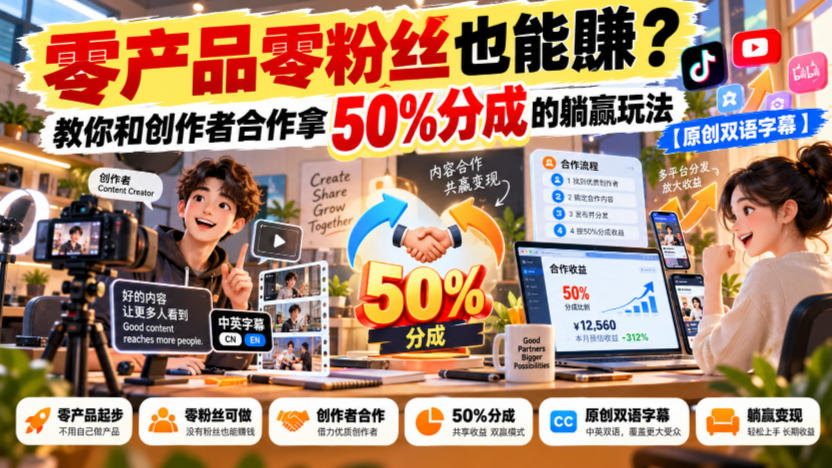 【无水印】零产品零粉丝也能賺？教你和创作者合作拿50%分成的躺赢玩法【原创双语字幕】亿创资源网_优质资源分享平台_一站式资源获取亿创资源网 | 优质资源分享平台_一站式资源获取