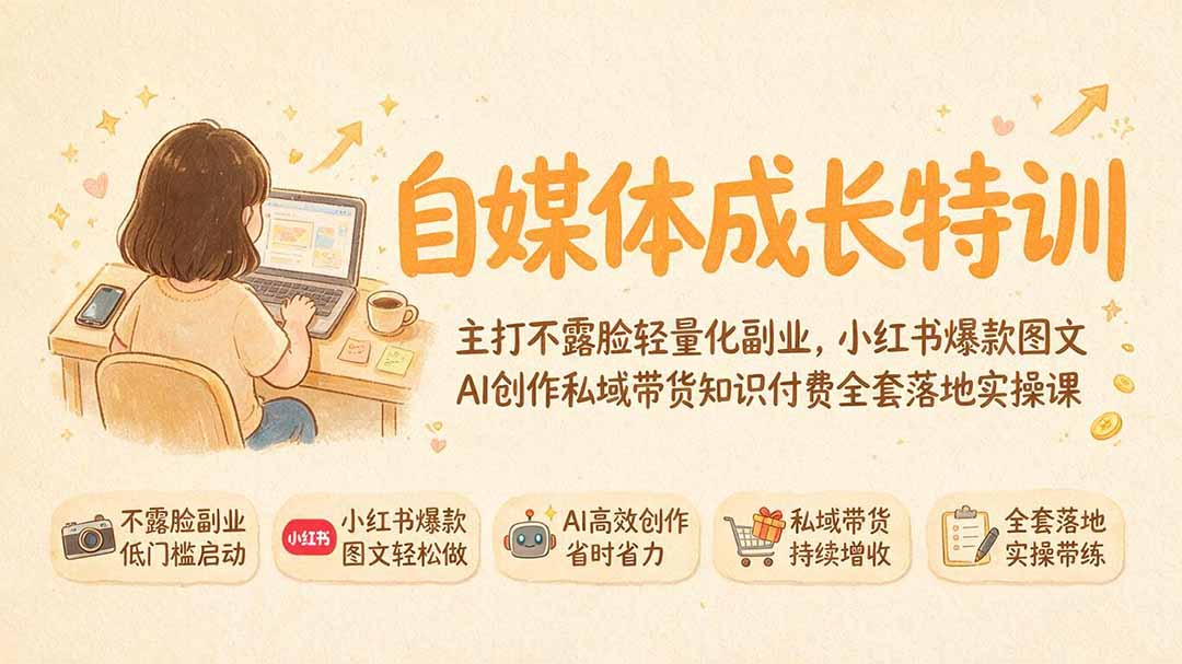 自媒体成长特训｜主打不露脸轻量化副业，小红书爆款图文AI创作私域带货知识付费全套落地实操课亿创资源网_优质资源分享平台_一站式资源获取亿创资源网 | 优质资源分享平台_一站式资源获取