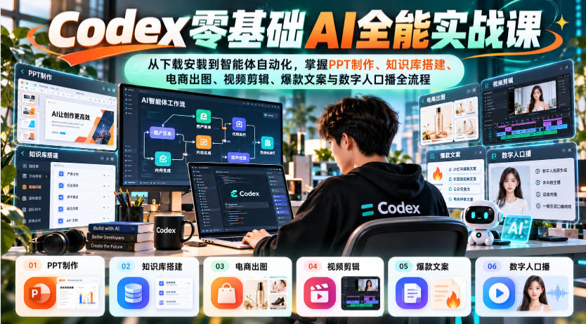 Codex零基础AI全能实战课:从下载安装到智能体自动化,掌握知识库搭建、电商出图、视频剪辑、爆款文案与数字人口播全流程亿创资源网_优质资源分享平台_一站式资源获取亿创资源网 | 优质资源分享平台_一站式资源获取