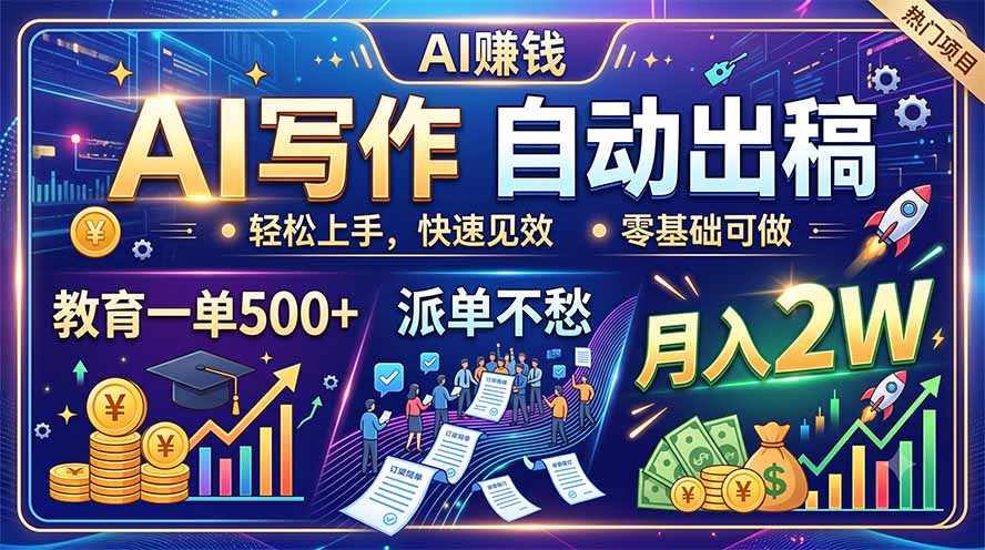 AI写作自动出稿，教育一单500+，派单不愁，月入2W亿创资源网_优质资源分享平台_一站式资源获取亿创资源网 | 优质资源分享平台_一站式资源获取