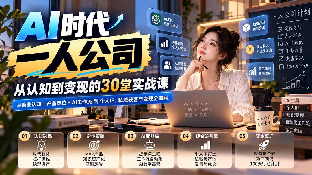 （20847期）【无水印】AI时代一人公司30堂实战课：从商业认知+产品定位+AI工作流到个人IP、私域获客与变现全流程亿创资源网_优质资源分享平台_一站式资源获取亿创资源网 | 优质资源分享平台_一站式资源获取