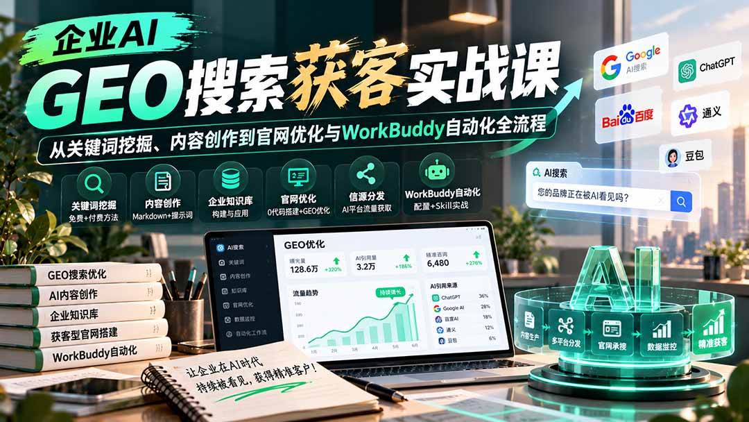 (20643期)企业AI GEO搜索获客实战课:从关键词挖掘、内容创作到官网优化与WorkBuddy自动化全流程亿创资源网_优质资源分享平台_一站式资源获取亿创资源网 | 优质资源分享平台_一站式资源获取