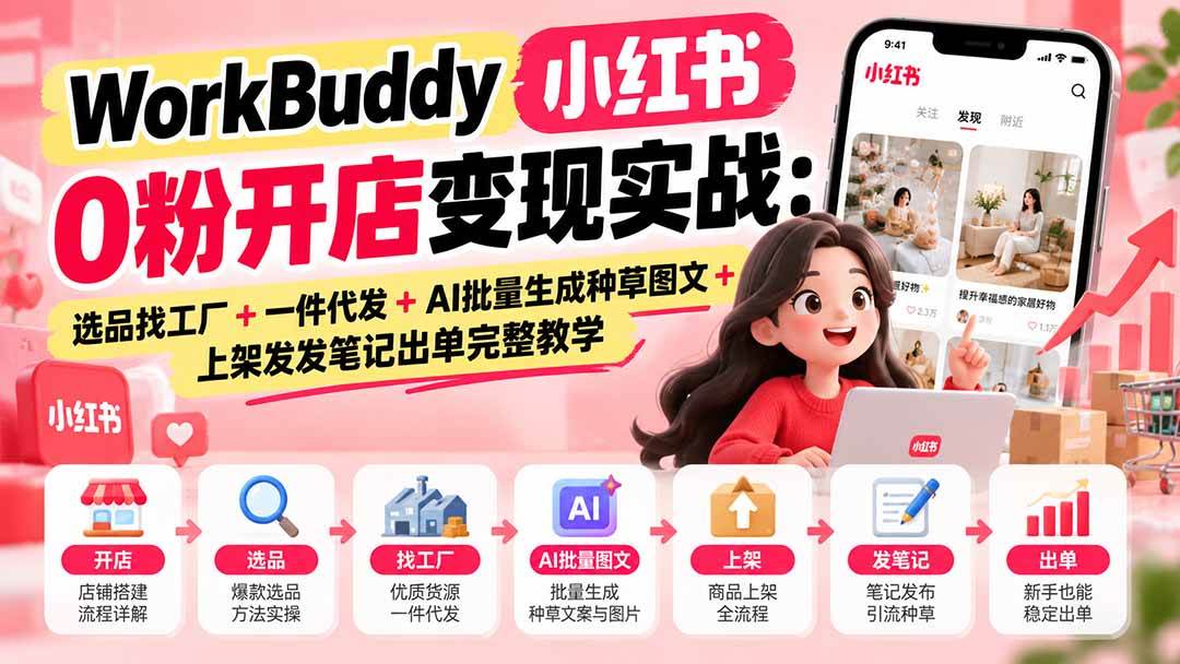 (20801期)WorkBuddy小红书0粉开店变现实战:选品找工厂+一件代发+AI批量生成种草图文+上架发发笔记出单完整教学 (20801期)WorkBuddy小红书0粉开店变现实战:选品找工厂+一件代发+AI批量生成种草图文+上架发发笔记出单完整教学