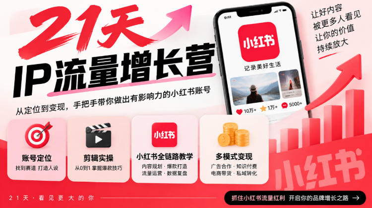 21天IP流量增长营，小红书全链路教学，账号定位剪辑实操，多模式变现系统课亿创资源网_优质资源分享平台_一站式资源获取亿创资源网 | 优质资源分享平台_一站式资源获取