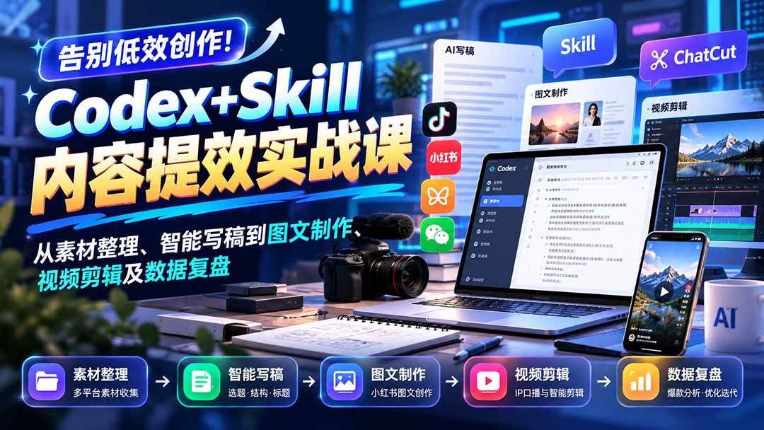 （20915期）【无水印】告别低效创作！Codex+Skill内容提效实战课：从素材整理、智能写稿到图文制作、视频剪辑及数据复盘亿创资源网_优质资源分享平台_一站式资源获取亿创资源网 | 优质资源分享平台_一站式资源获取