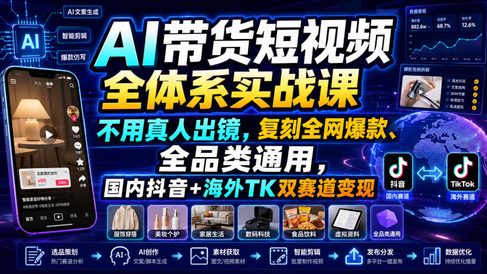 AI带货短视频全体系实战课，不用真人出镜，复刻全网爆款、全品类通用，国内抖音+海外TK双赛道变现亿创资源网_优质资源分享平台_一站式资源获取亿创资源网 | 优质资源分享平台_一站式资源获取