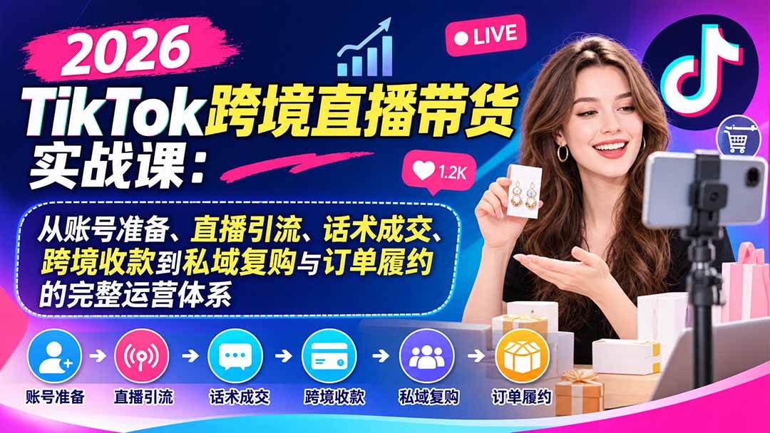(20898期)2026TikTok跨境直播带货实战课:从账号准备、直播引流、话术成交、跨境收款到私域复购与订单履约的完整运营体系 (20898期)2026TikTok跨境直播带货实战课:从账号准备、直播引流、话术成交、跨境收款到私域复购与订单履约的完整运营体系