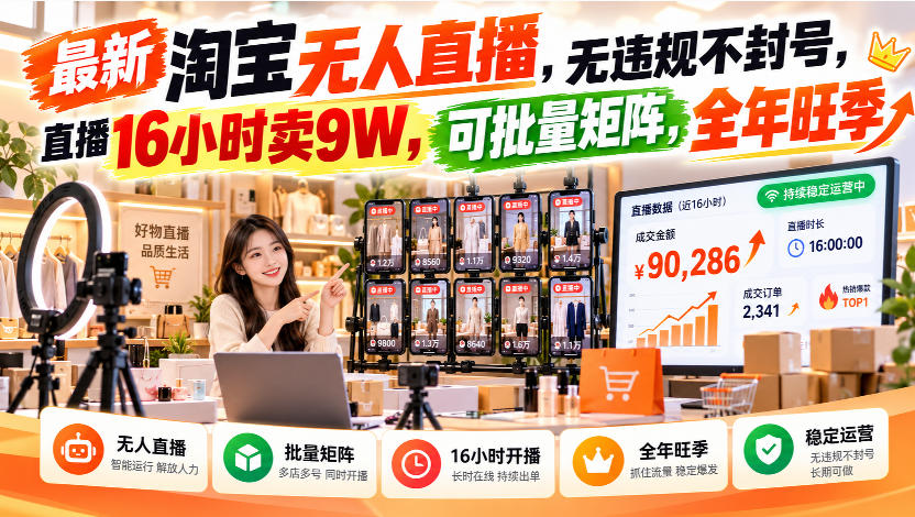 最新淘宝无人直播，无违规不封号，直播16小时卖9W，可批量矩阵，全年旺季【揭秘】亿创资源网_优质资源分享平台_一站式资源获取亿创资源网 | 优质资源分享平台_一站式资源获取