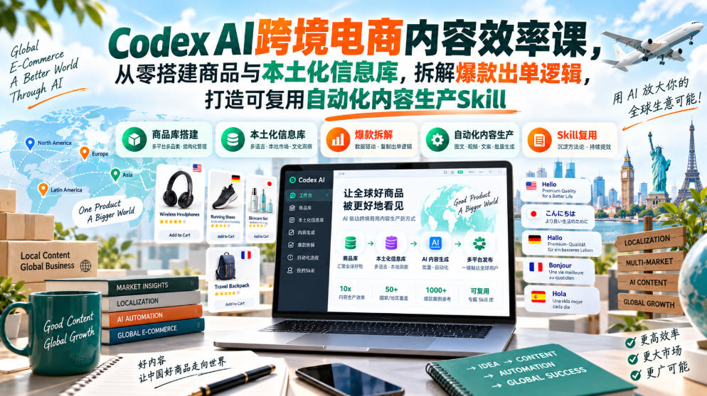 Codex AI跨境电商内容效率课，从零搭建商品与本土化信息库，拆解爆款出单逻辑，打造可复用自动化内容生产Skill亿创资源网_优质资源分享平台_一站式资源获取亿创资源网 | 优质资源分享平台_一站式资源获取