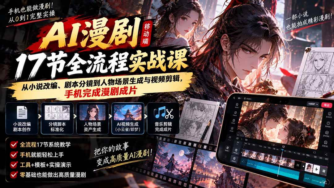 (20624期)AI漫剧移动端17节全流程实战课:从小说改编、剧本分镜到人物场景生成与视频剪辑,手机完成漫剧成片亿创资源网_优质资源分享平台_一站式资源获取亿创资源网 | 优质资源分享平台_一站式资源获取