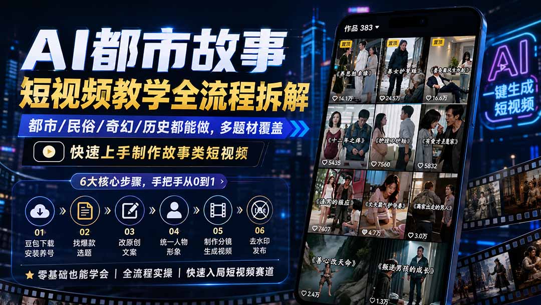 AI都市故事短视频教学全流程拆解；都市/民俗/奇幻/历史都能做多题材覆盖，快速上手制作故事类短视频亿创资源网_优质资源分享平台_一站式资源获取亿创资源网 | 优质资源分享平台_一站式资源获取