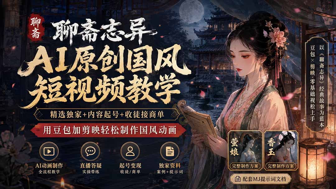 聊斋志异AI原创国风短视频教学-更新;精选独家+内容起号+收徒接商单,用豆包加剪映轻松制作国风动画亿创资源网_优质资源分享平台_一站式资源获取亿创资源网 | 优质资源分享平台_一站式资源获取