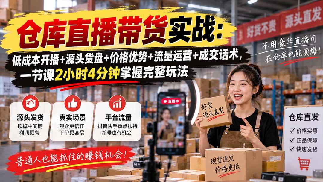（20471期）仓库直播带货实战：低成本开播+源头货盘+价格优势+流量运营+成交话术，一节课2小时4分钟掌握完整玩法亿创资源网_优质资源分享平台_一站式资源获取亿创资源网 | 优质资源分享平台_一站式资源获取