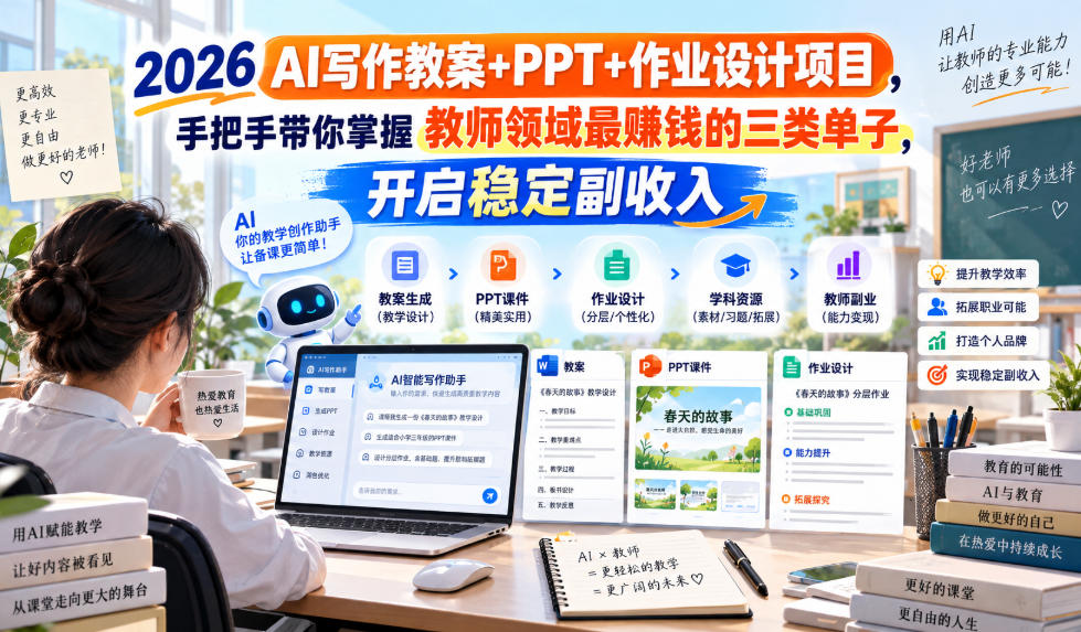 2026 AI写作教案+PPT+作业设计项目，手把手带你掌握教师领域最賺钱的三类单子，开启稳定副收入亿创资源网_优质资源分享平台_一站式资源获取亿创资源网 | 优质资源分享平台_一站式资源获取