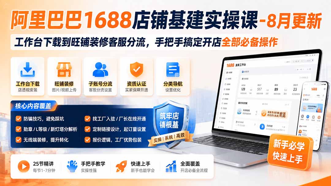 阿里巴巴1688店铺基建实操课-8月更新；工作台下载到旺铺装修客服分流，手把手搞定开店全部必备操作亿创资源网_优质资源分享平台_一站式资源获取亿创资源网 | 优质资源分享平台_一站式资源获取
