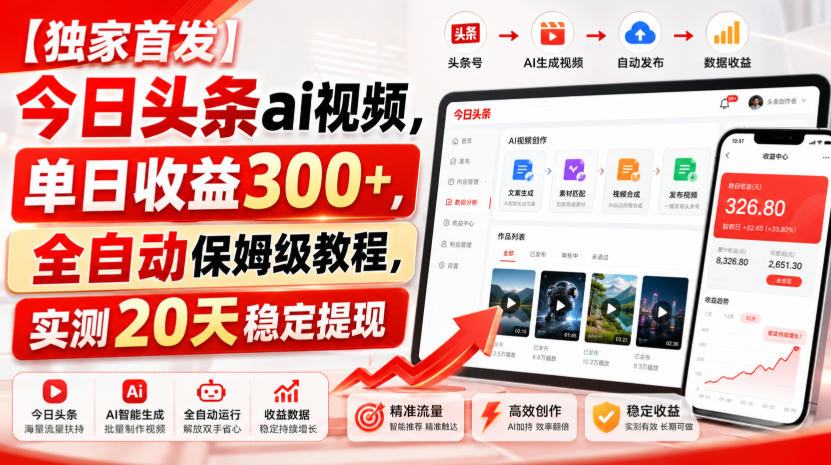 【独家首发】今日头条ai视频，单日收益300+，全自动保姆级教程，实测20天稳定提现【揭秘】亿创资源网_优质资源分享平台_一站式资源获取亿创资源网 | 优质资源分享平台_一站式资源获取