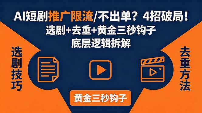 （18253期）AI短剧推广总被限流、不出单？4招选剧+去重技巧+黄金三秒钩子，手把手拆解底层逻辑