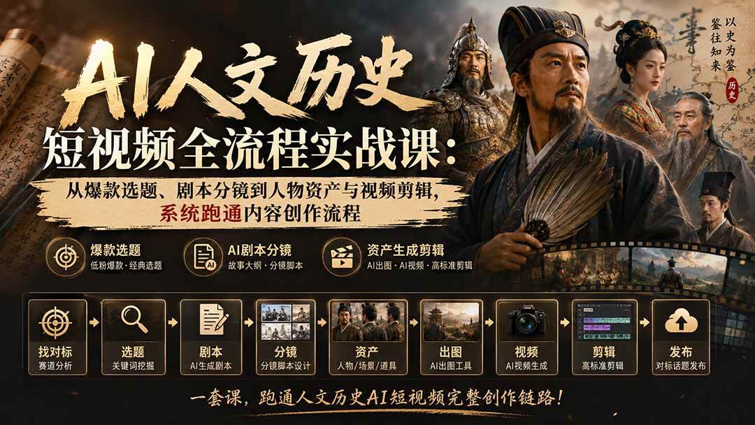 （20074期）AI人文历史短视频全流程实战课：从爆款选题、剧本分镜到人物资产与视频剪辑，系统跑通内容创作流程亿创资源网_优质资源分享平台_一站式资源获取亿创资源网 | 优质资源分享平台_一站式资源获取