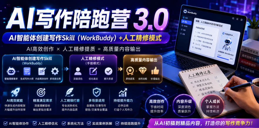 AI写作陪跑营3.0，Ai智能体创建写作skill（workbuddy）+人工手写模式（手搓模式），去除AI痕迹（头条号、公众号、百家号）（更新0806）亿创资源网_优质资源分享平台_一站式资源获取亿创资源网 | 优质资源分享平台_一站式资源获取