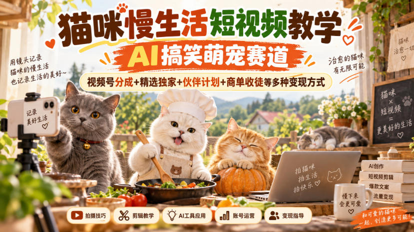 猫咪慢生活短视频教学,AI搞笑萌宠赛道,视频号分成+精选独家+伙伴计划+商单收徒等多种变现方式亿创资源网_优质资源分享平台_一站式资源获取亿创资源网 | 优质资源分享平台_一站式资源获取
