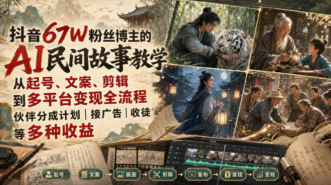 抖音67W粉丝博主的AI民间故事教学,从起号、文案、剪辑到多平台变现全流程,伙伴分成计划接广告等多种收益,月入1W+亿创资源网_优质资源分享平台_一站式资源获取亿创资源网 | 优质资源分享平台_一站式资源获取