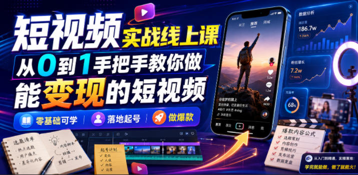 短视频实战线上课，从0到1手把手教你做能变现的短视频，零基础可学，落地起号做爆款亿创资源网_优质资源分享平台_一站式资源获取亿创资源网 | 优质资源分享平台_一站式资源获取