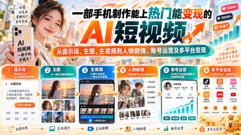 【无水印】一部手机制作能上热门能变现的AI短视频，从提示词、生图、生视频到人物剧情、账号运营及多平台变现亿创资源网_优质资源分享平台_一站式资源获取亿创资源网 | 优质资源分享平台_一站式资源获取