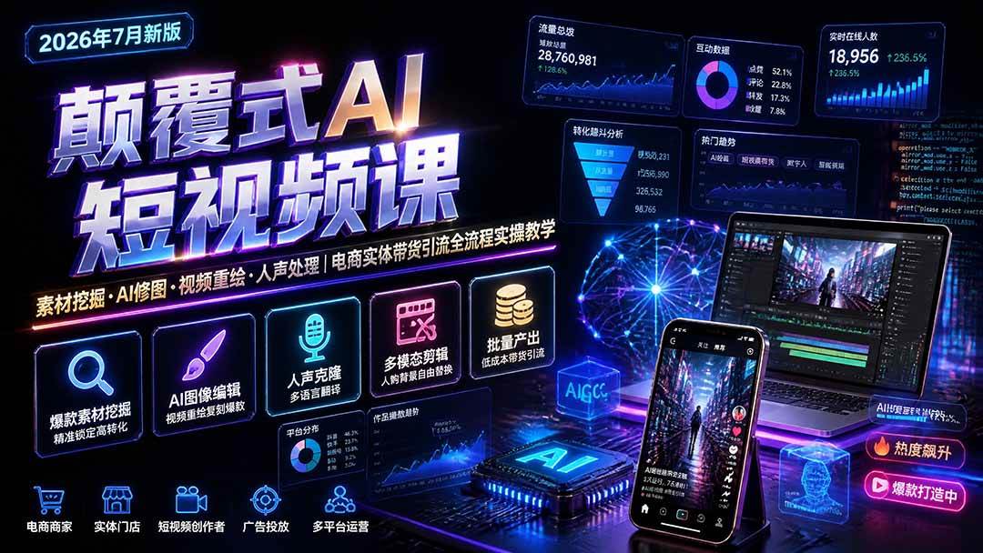 (19630期)颠覆式AI短视频课|素材挖掘,AI修图,视频重绘,人声处理|电商实体带货引流全流程实操教学亿创资源网_优质资源分享平台_一站式资源获取亿创资源网 | 优质资源分享平台_一站式资源获取