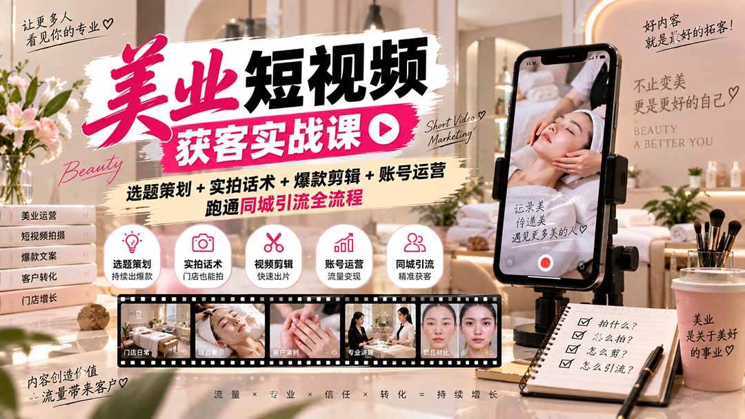 (20586期)美业短视频获客实战课-无水印:选题策划+实拍话术+爆款剪辑+账号运营,跑通同城引流全流程亿创资源网_优质资源分享平台_一站式资源获取亿创资源网 | 优质资源分享平台_一站式资源获取