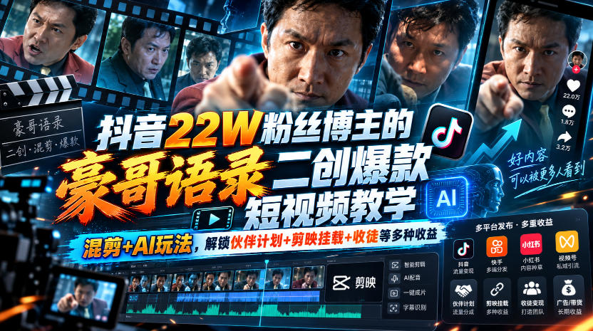 抖音22W粉丝博主的豪哥语录二创爆款短视频教学，混剪+AI玩法，解锁伙伴计划+剪映挂载+收徒等多种收益亿创资源网_优质资源分享平台_一站式资源获取亿创资源网 | 优质资源分享平台_一站式资源获取
