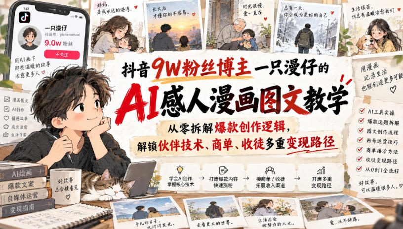 抖音9W粉丝博主一只漫仔的AI感人漫画图文教学，从零拆解爆款创作逻辑，解锁伙伴技术、商单、收徒多重变现路径亿创资源网_优质资源分享平台_一站式资源获取亿创资源网 | 优质资源分享平台_一站式资源获取